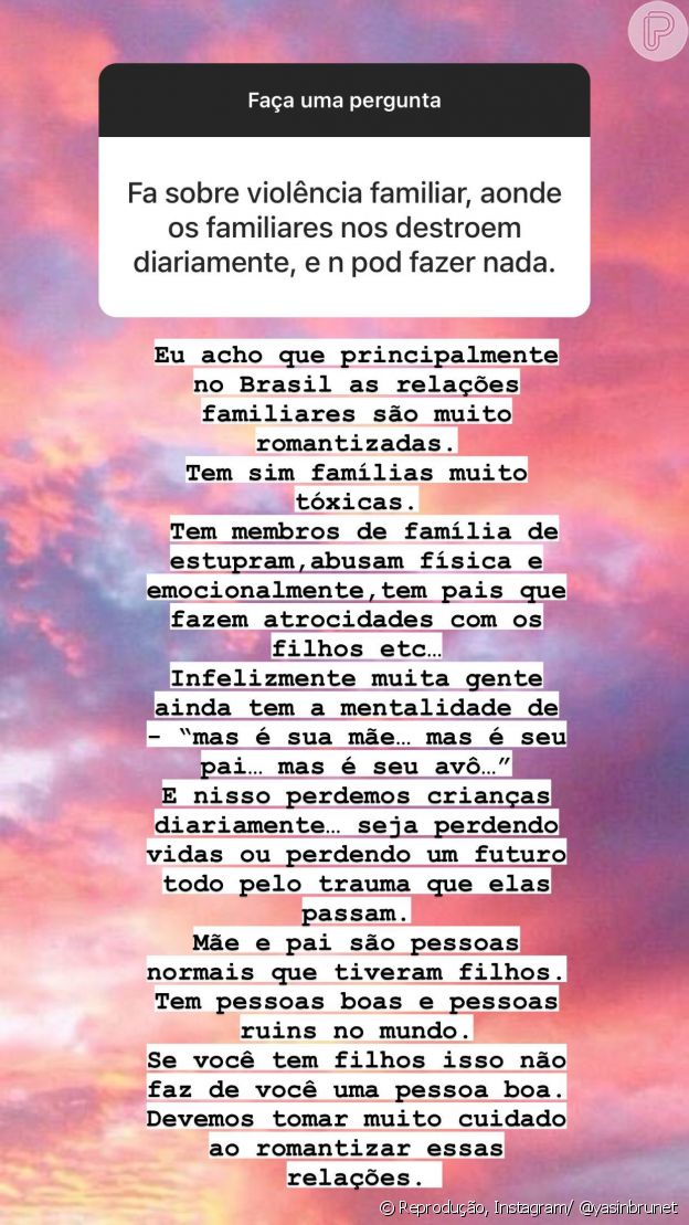 Yasmin Brunet fala sobre familiares tóxicos em resposta nas redes sociais