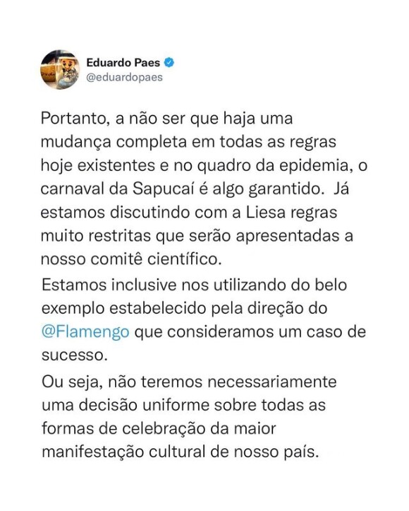 Carnaval 2022 no Rio: Por fim, Eduardo Pes explicou que os blocos de rua, as festas provadas e o desfile na Sapucaí podem receber ou não autorizações, de modo que a decisão não terá única para as três celebrações