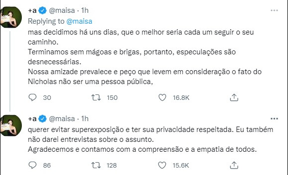 Ao anunciar o término, Maisa Silva pediu respeito dos fãs