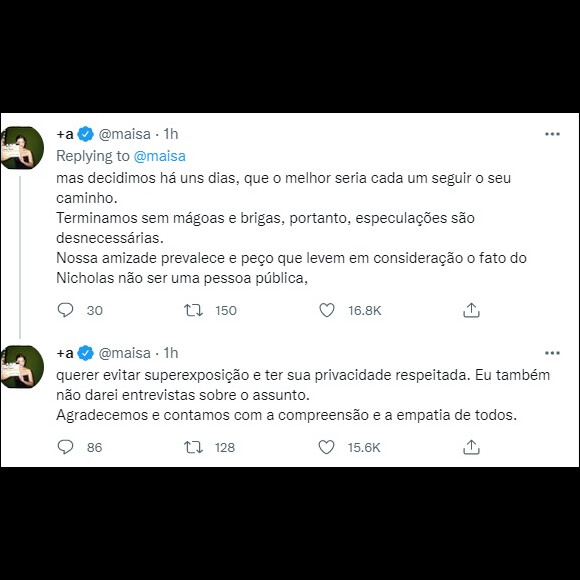 Ao anunciar o término, Maisa Silva pediu respeito dos fãs