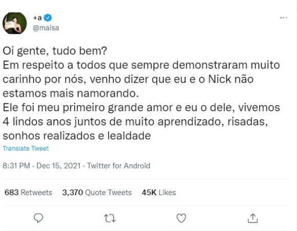 Maisa Silva comunicou o término com Nicholas Arashiro nas redes sociais