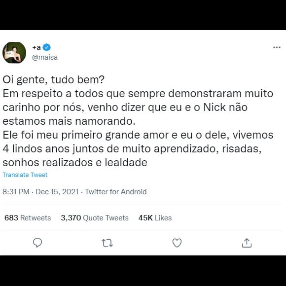 Maisa Silva comunicou o término com Nicholas Arashiro nas redes sociais