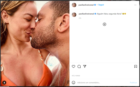 Paolla Oliveira e Diogo Nogueira se beijam em registro publicado pela atriz