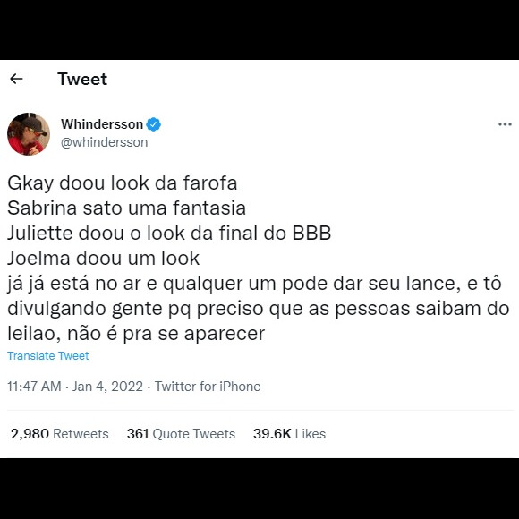 Whindersson deu informações sobre o leilão que irá fazer em prol aos afetados das chuvas na Bahia