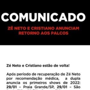 Zé Neto e Cristiano anunciam volta aos palcos