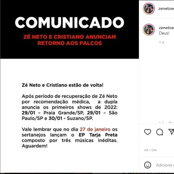 Zé Neto e Cristiano anunciam volta aos palcos