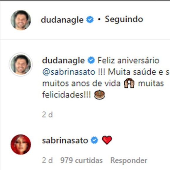 Sabrina Sato recebeu uma mensagem de aniversário contida de Duda Nagle e respondeu usando um coração