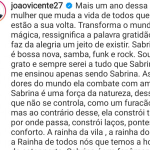 João Vicente de Castro não economizou nos elogios a Sabrina Sato, que agradeceu de forma carinhosa ao ex