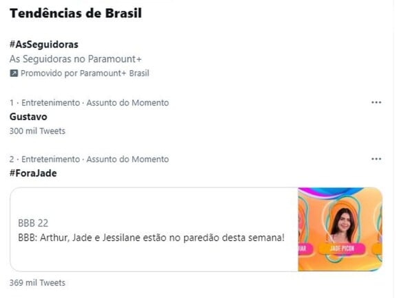 A #ForaJade ficou entre os assuntos mais comentados do Twitter