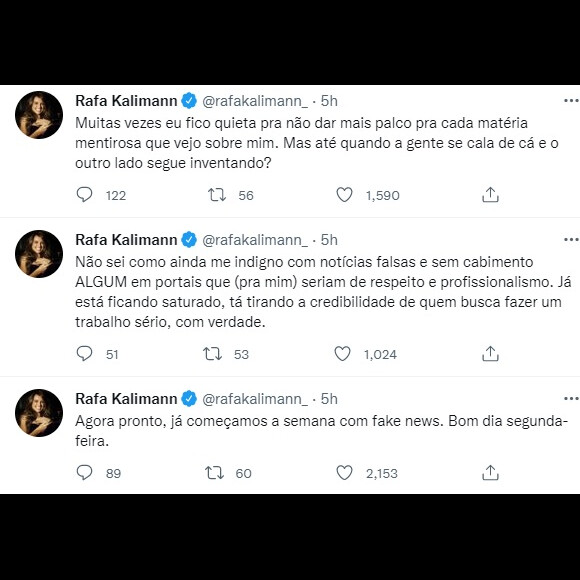 No Twitter, Rafa Kalimann se mostrou chateada com a notícia de que teria ficado com Neymar