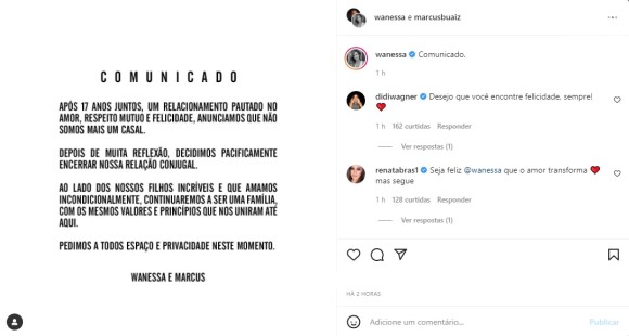 Anúncio da separação foi feito pelo Instagram