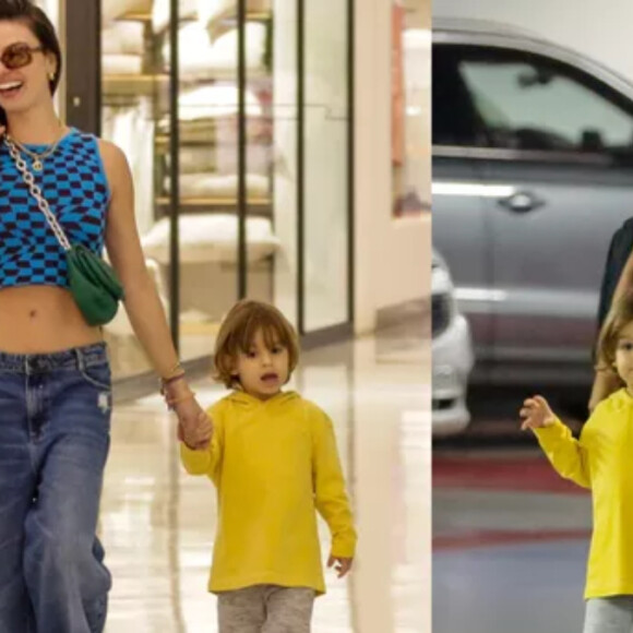 Isis Valverde escolheu um look casual para passeio com o filho, Rael, de 3 anos