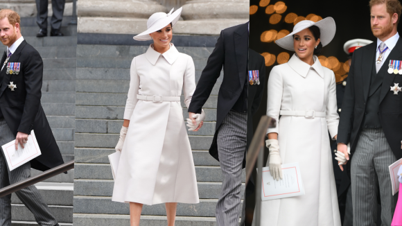 Meghan Markle usa look branco da Dior em rara aparição com família real pelo Jubileu de Prata da rainha
