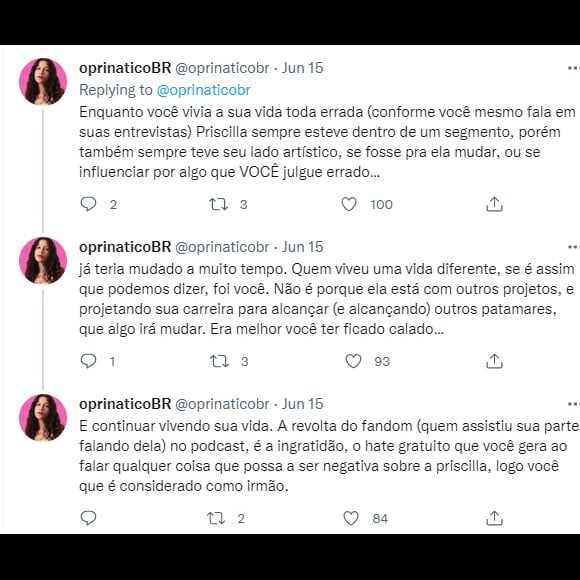 Nos tuítes curtidos por Priscilla, a fã reforça que a cantora sempre apoiou o amigo