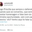 Priscilla Alcântara curtiu tuítes de fãs rebatendo a fala de Yudi