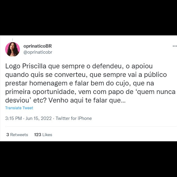 Priscilla Alcântara curtiu tuítes de fãs rebatendo a fala de Yudi