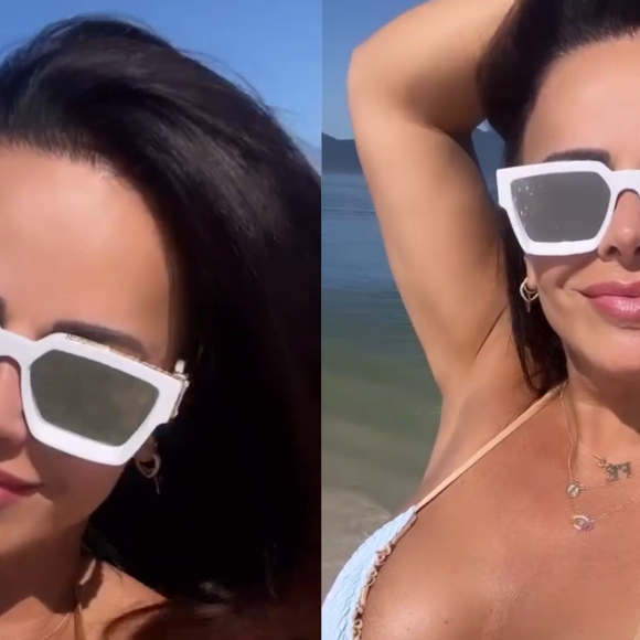 Vivianne Araujo exibe barriga de grávida em praia