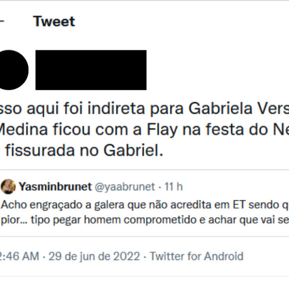 Indireta? Houve quem apontasse que a frase de Yasmin Brunet teria sido uma indireta para Gabriel Medina e Gabriela Versiani