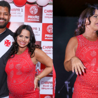 Viviane Araujo destaca barrigão de gravidez em vestido vermelho justo em evento do Salgueiro. Fotos!