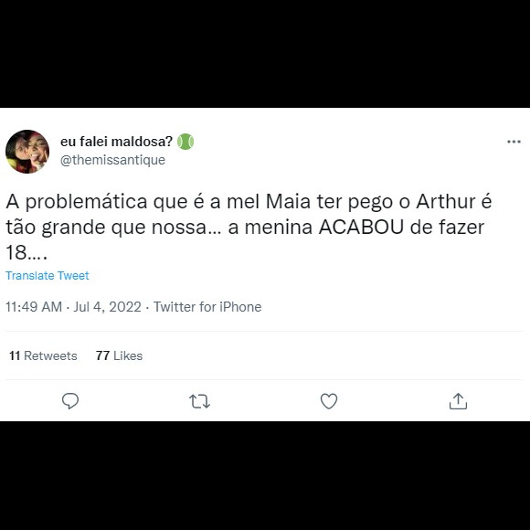 Problema apontado pela web seria a diferença de idade entre Mel e Arthur
