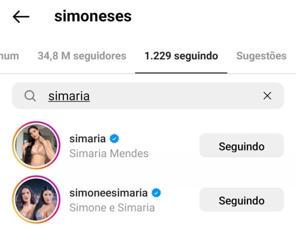 Simone continua seguindo a irmã, Simaria, no Instagram