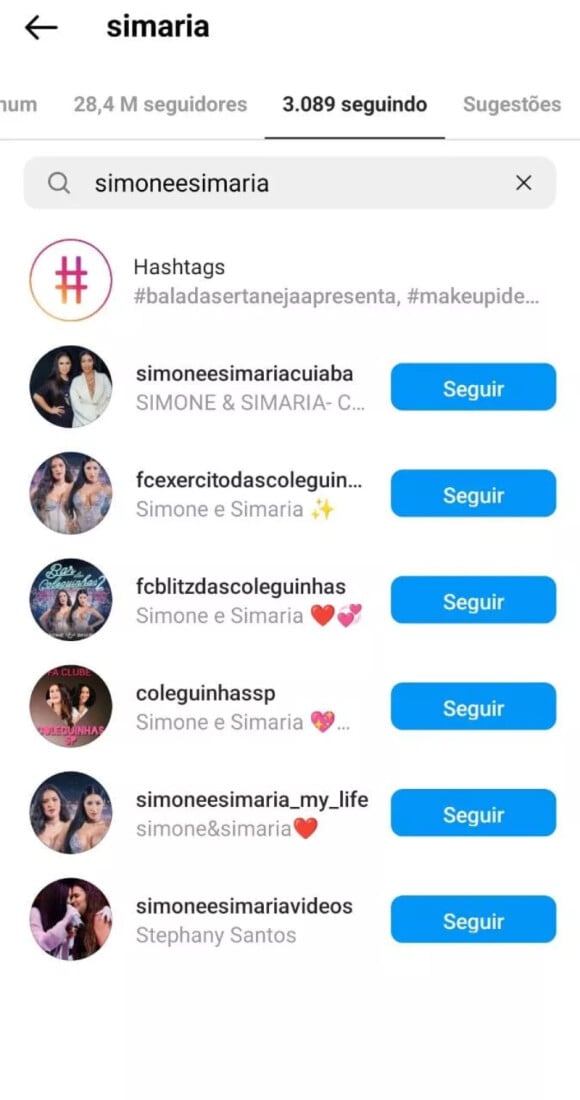Simaria deixou de seguir a dupla Simone e Simaria no Instagram