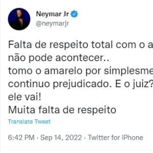 Após a punição, Neymar usou o Twitter para criticar o árbitro