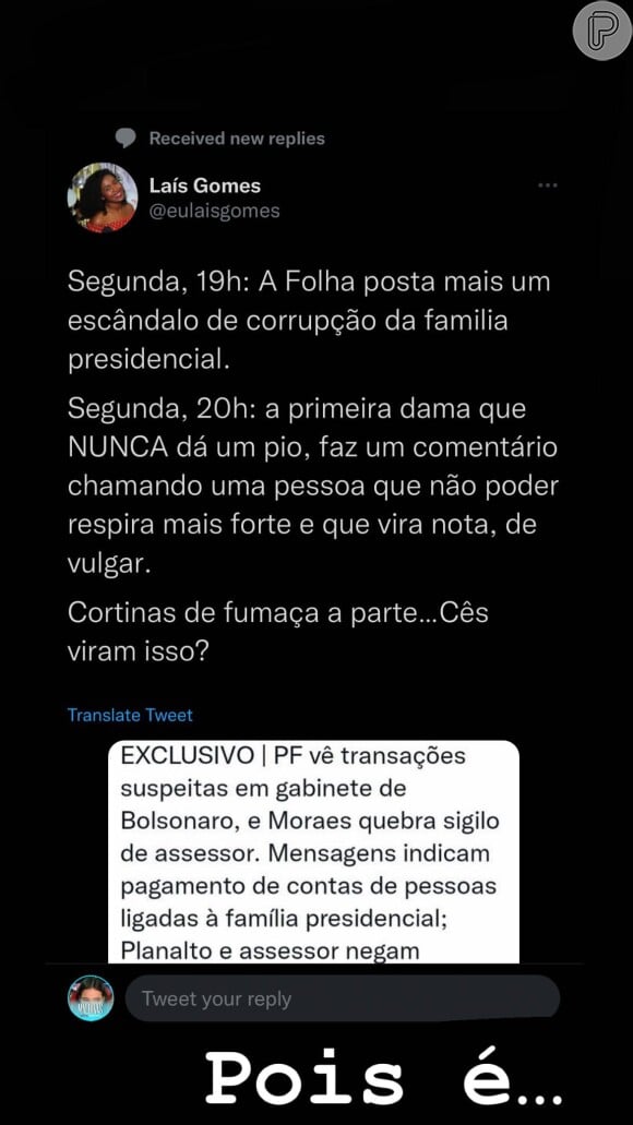 Bruna Marquezine mostrou que pouco antes do comentário de Michelle Bolsonaro, um escândalo da família presidencial foi noticiado