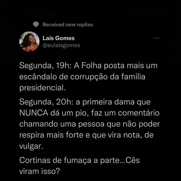 Bruna Marquezine mostrou que pouco antes do comentário de Michelle Bolsonaro, um escândalo da família presidencial foi noticiado