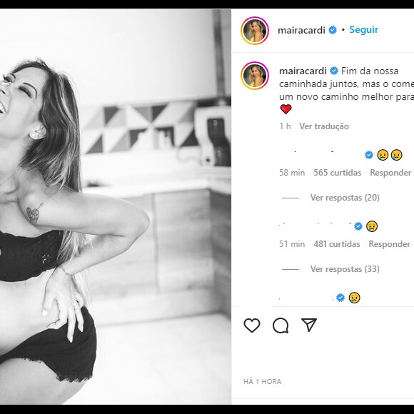 Maíra Cardi escreveu uma mensagem breve para falar sobre separação de Arthur Aguiar