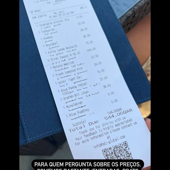 Conta de Bruna Biancardi com as amigas de R$ 816