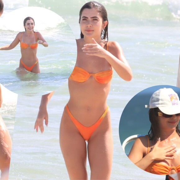 Biquíni cavado laranja + boné + óculos de sol Miu Miu: esse beachwear de Jade Picon é a cara do verão