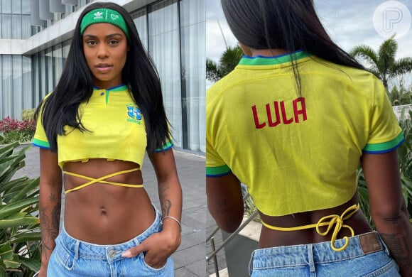 Cropped com camisa do Brasil cortada foi feito por Rebecca: ela estilizou a peça com o nome do presidente eleito em 2022, Lula