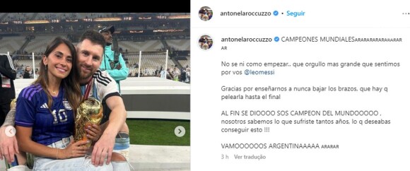 Antonella Roccuzzo vibrou com a vitória de Lionel Messi na Copa do Mundo 2022