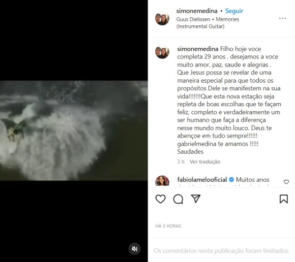 Simone Medina fez uma homenagem a G|abriel nas redes sociais