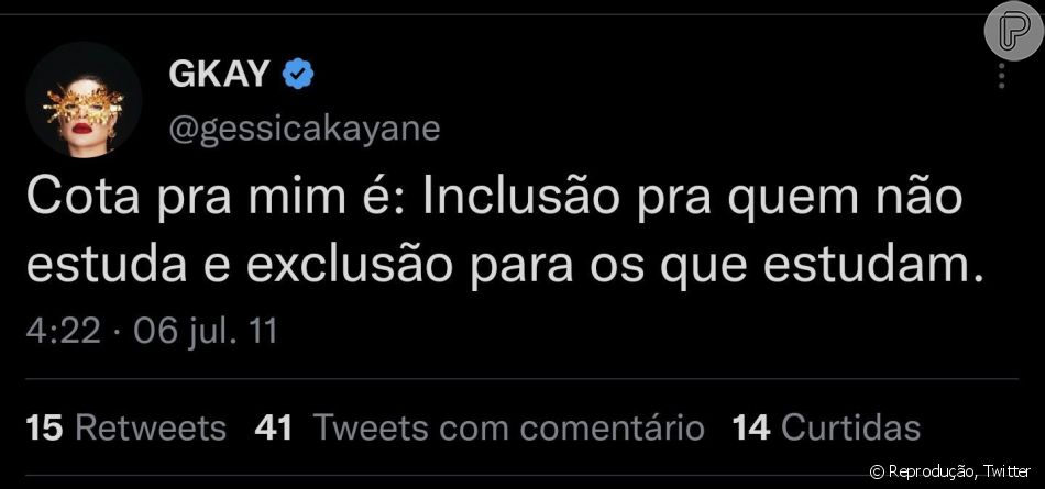 Publica&ccedil;&atilde;o de Gkay sobre o sistema de cotas causou pol&ecirc;mica no Twitter
