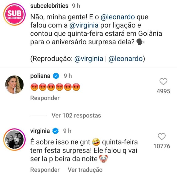 Virgínia Fonseca se diverte com gafe do sogro, Leonardo: 'É sobre isso'