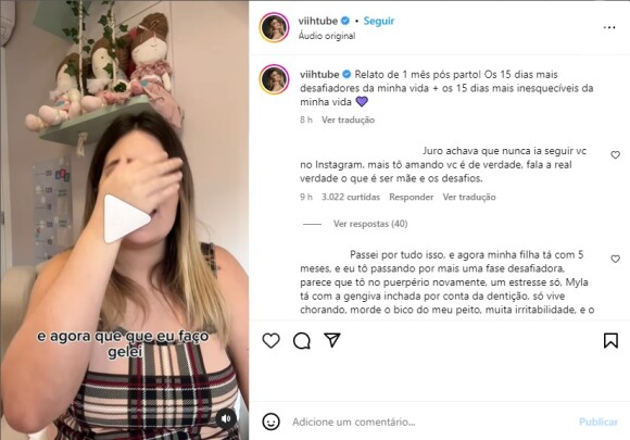 Viih Tube publicou o desabafo em formato de vídeo no Instagram