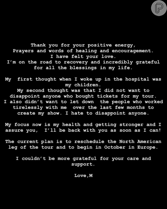 Madonna publicou um texto sobre seus dias no hospital