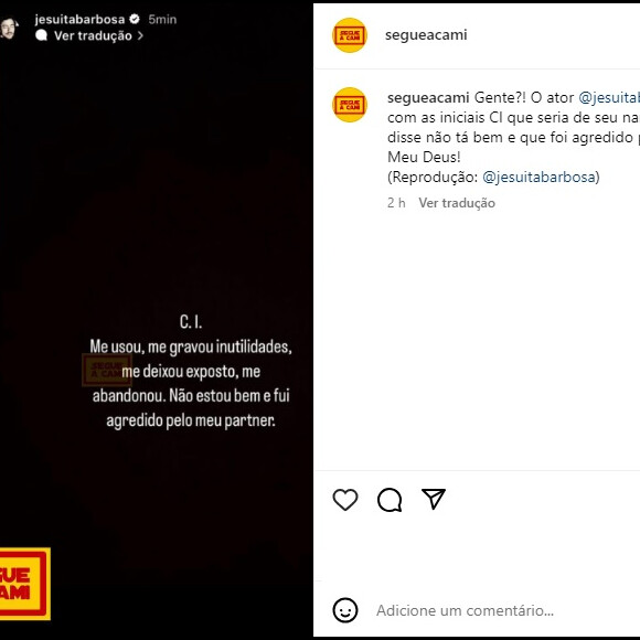 Jesuita Barbosa publicou um texto denunciando o namorado, Cicero Ibeiro