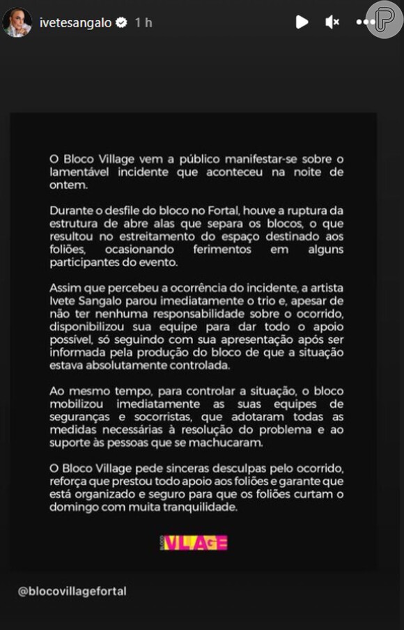 O bloco de Ivete Sangalo emitiu uma nota lamentando o ocorrido