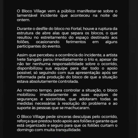 O bloco de Ivete Sangalo emitiu uma nota lamentando o ocorrido