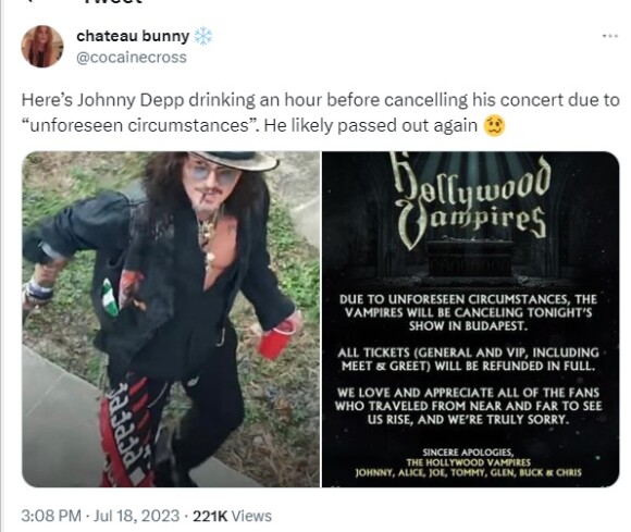 Imagem de Johnny Depp bebendo pela cidade horas antes do show viralizou no Twitter