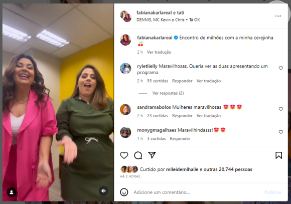 Tati Machado mostrou nova dança com a atriz Fabiana Karla, as duas se conhecem do programa 'Se Joga'.