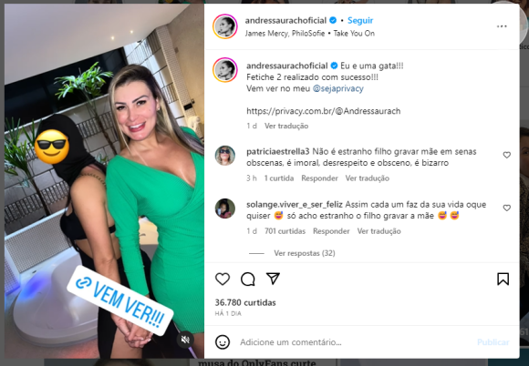 Andressa Urach fez uma publicação no seu Instagram e revelou que Arthur, seu filho, quem gravou seu conteúdo sexual.