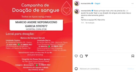 MC Marcinho precisa de doação de sangue