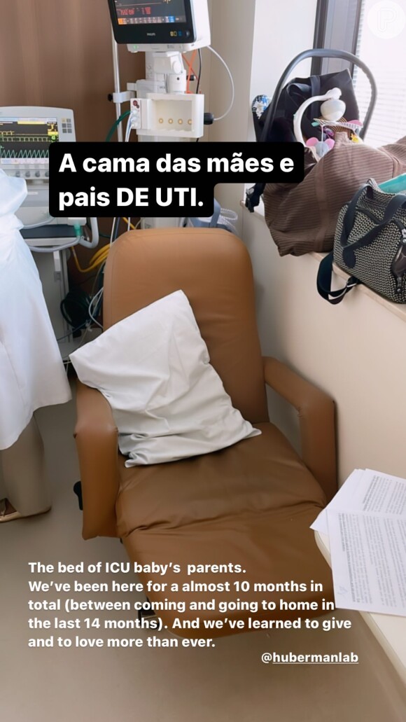 Letícia Cazarré mostrou sua cama no hospital pelo periodo em que a filha estiver internada