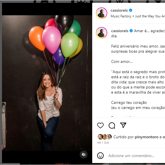 Fernanda Vasconcellos ganhou homenagem do marido Cássio Reis no dia do seu aniversário