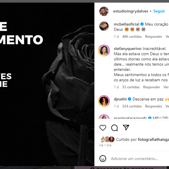 Nota do falecimento de Ingryd Alves que foi contratada por Neymar e Bruna Biancardi para fazer um ensaio de Mavie