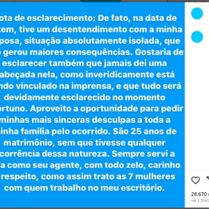 Marido de Ana Hickmann publicou uma nota em sua defesa após ser acusado de violência doméstica